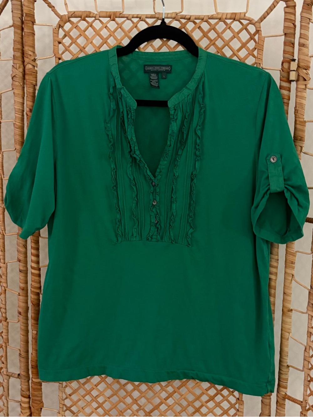 Ralph Lauren Women’s Emerald Green V-Neck Short Sleeve Top with Ruffle Details